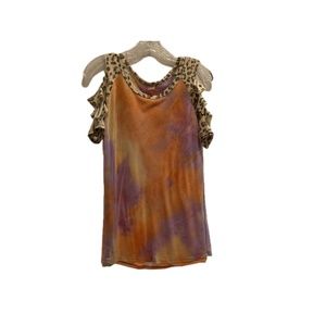 7th Ray Orange/Purple Top with Cheetah Print Sleeves